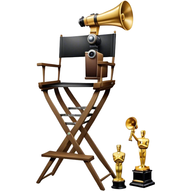Professional icon for Directing: a collage featuring a director's chair, a film camera, a megaphone and an Oscar trophy. The icon should represent the craft and creativity of film directing, with emphasis on leadership and cinematic artistry. Transparent background. emoji