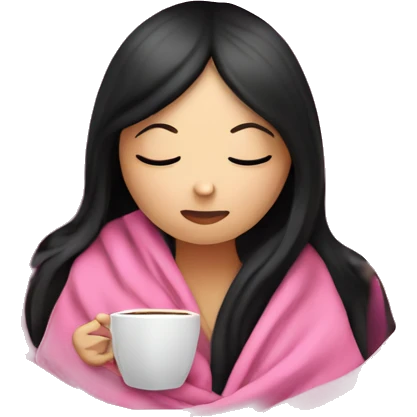 white girl with black straight hair inside a pink blanket sipping coffee eyes closed emoji