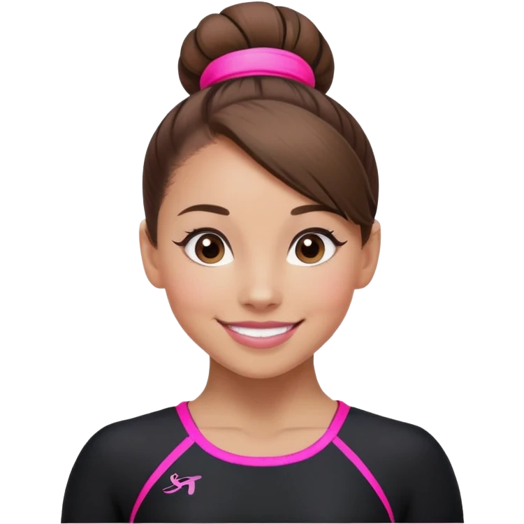 Happy female gymnast with brown hair in a neat bun, wearing a black uniform with neon pink elements. emoji