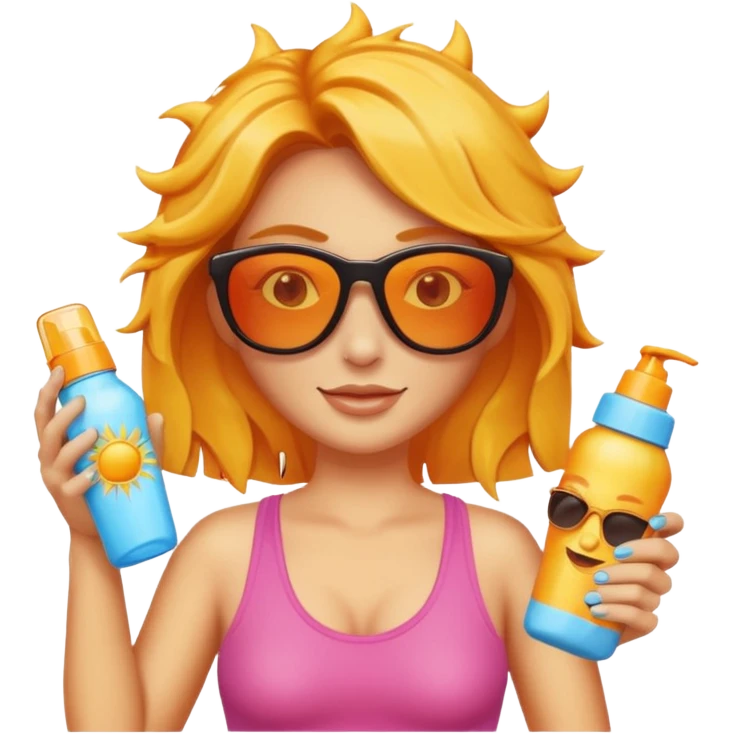 female with suncream bottle and sunglasses, with sun burned emoji