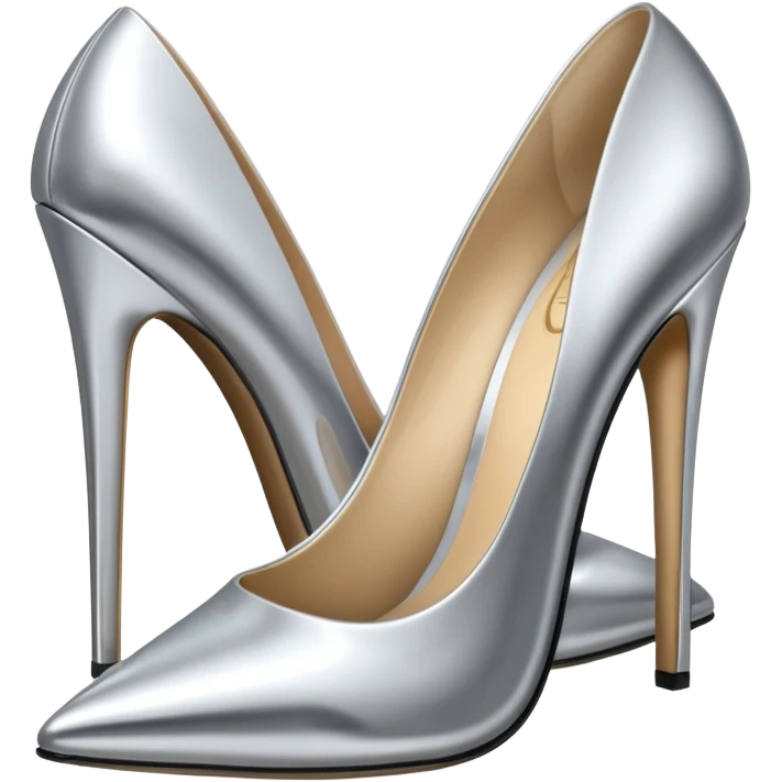 A pair of high heel shoes emoji made of polished silver chrome, elegant sharp silhouette, smooth metallic surface, glossy reflections, luxury sexy vibe, minimalistic iOS emoji style, centered, clean white background emoji