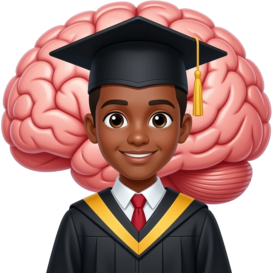 black teen graduation cap and gown with brain behind him (less realistic) emoji