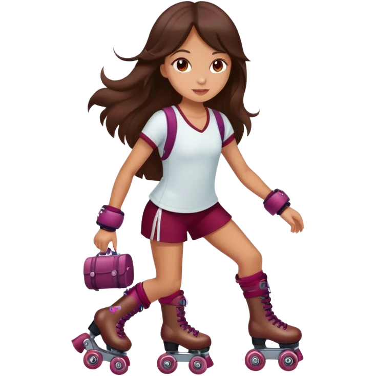 brunette long hair girl, tan skin, with burgundy rollerskates emoji