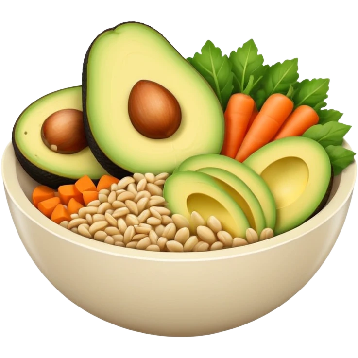 Minimalistic flat vector icon, iOS style, thin black contour on white background. Bowl with vegetables, grains, and avocado slices inside. Clean, no text, no shadows emoji