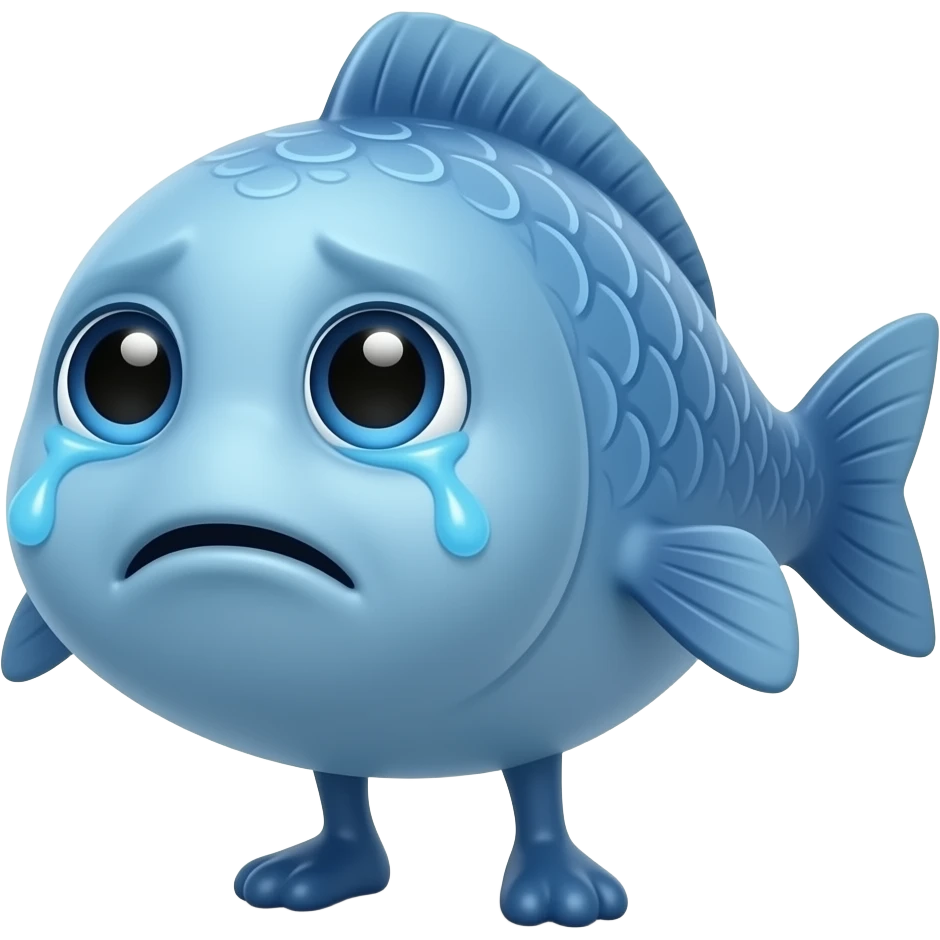 A little blue fish standing up with legs and arms, looking at us with a very sad face and tears emoji