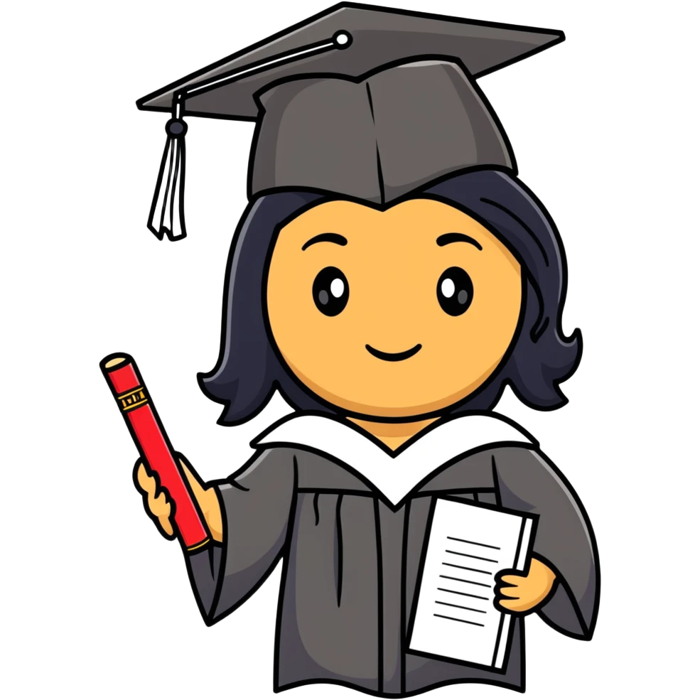 happy olive-skinned graduate with long wavy black hair wearing graduation cap and holding diploma emoji