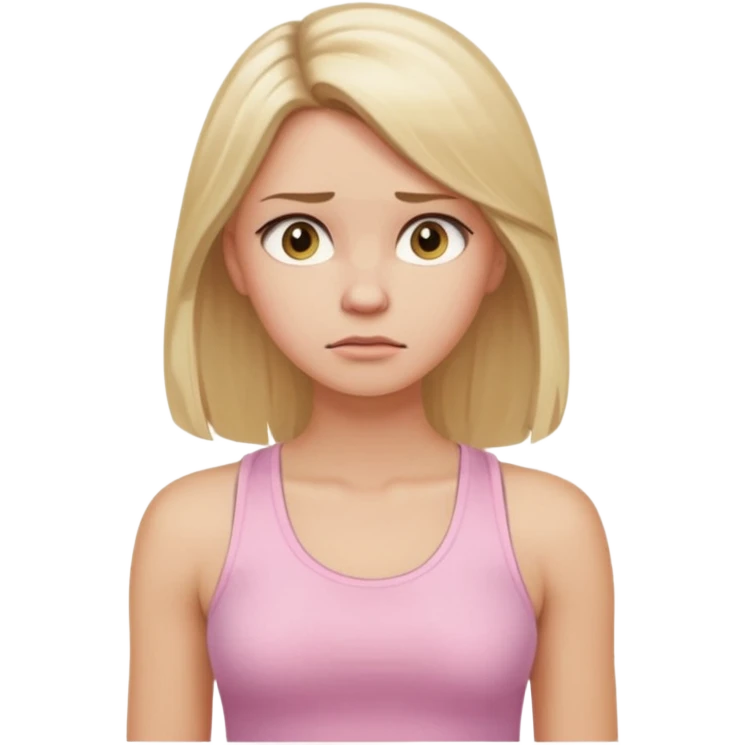 Create a young woman with long blonde hair, golden eyes, and medium-light skin tone, wearing a light pink tank top and leggings. She should be in portrait mode, but with a subtle doubting facial expression—slightly raised eyebrow, small frown, .  and her hand next to her chin like this emoji 🤔 emoji