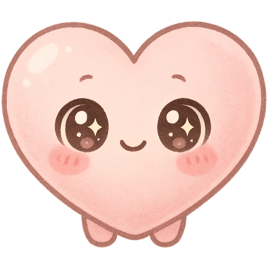 kawaii chibi pink heart character with big sparkling eyes, soft pastel colors, no arms, no legs, full body, soft pastel kawaii style emoji