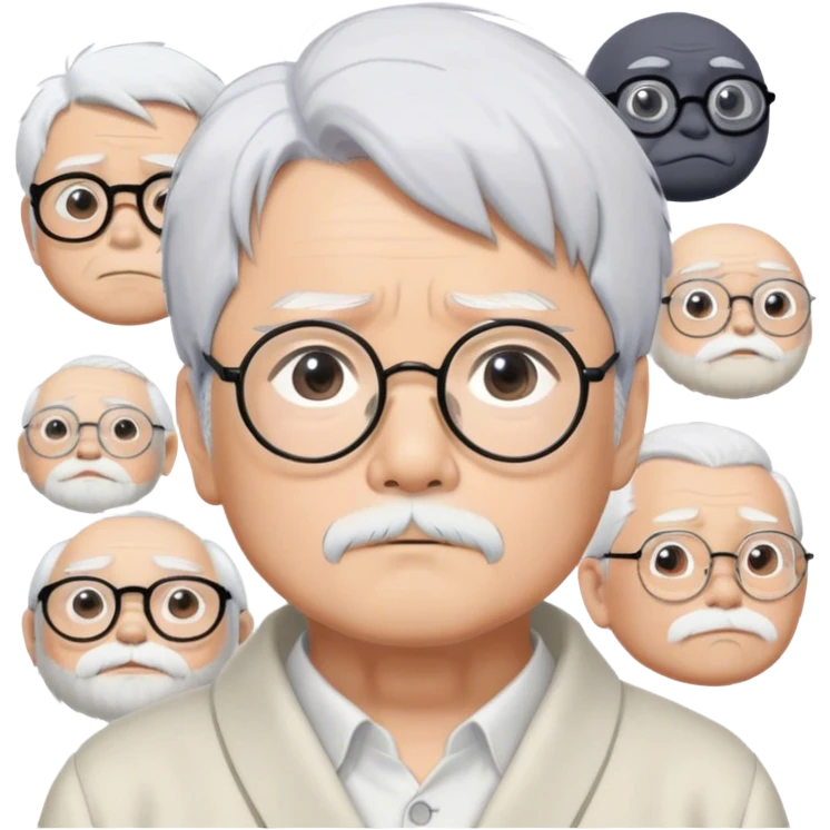 ​Cinematic Realistic Portrait of Hayao Miyazaki, depicted with striking white hair, defined black eyebrows, and large rectangular glasses, his thoughtful expression rendered in lifelike detail against a background of whimsical Studio Ghibli-inspired sketches, illuminated with soft, realistic lighting that emphasizes his creative genius, emoji