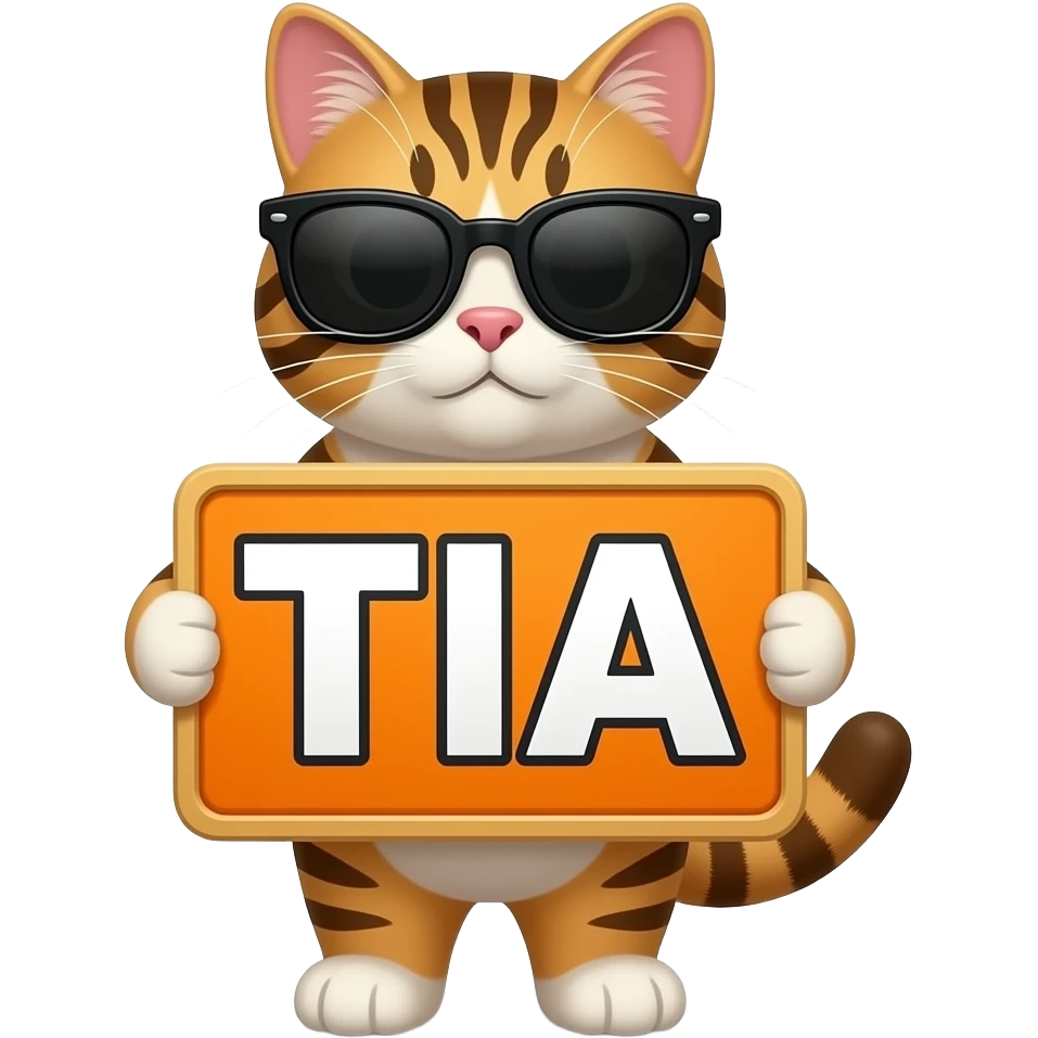 cat with sunglasses holding a large bright sign that says TIA emoji
