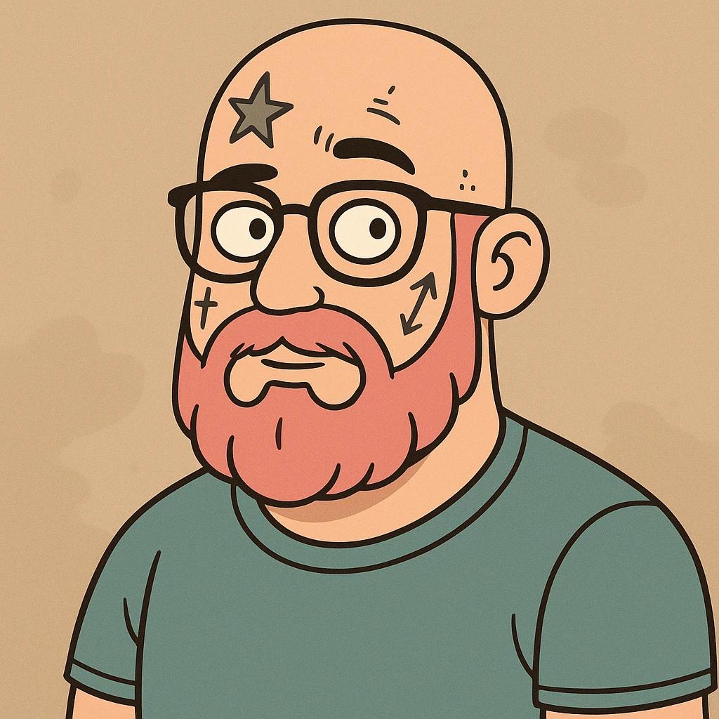 bald man, pink beard, glasses, face tattoos, cartoon style emoji