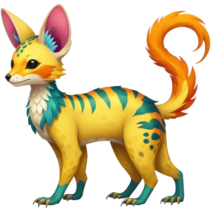 Feral Rare Fantasy vibrant colorful tropical Vernid-Trico-species by LiLaiRa, random markings, tufted tail, tufted ears, full body emoji