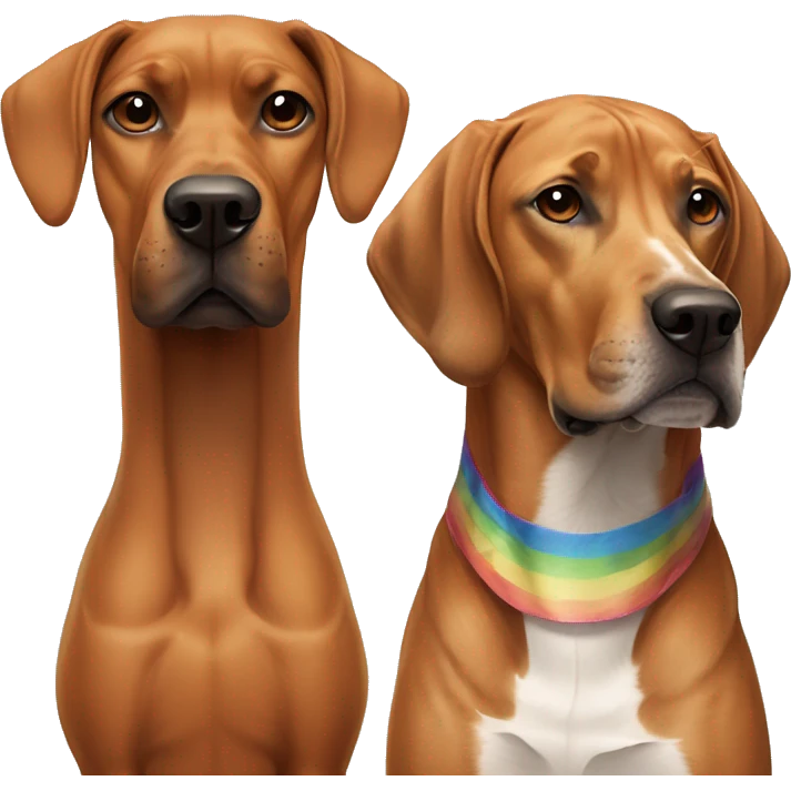 white male with rainbow colored hair and a curled mustache standing alongside a brown rhodesian ridgeback dog emoji