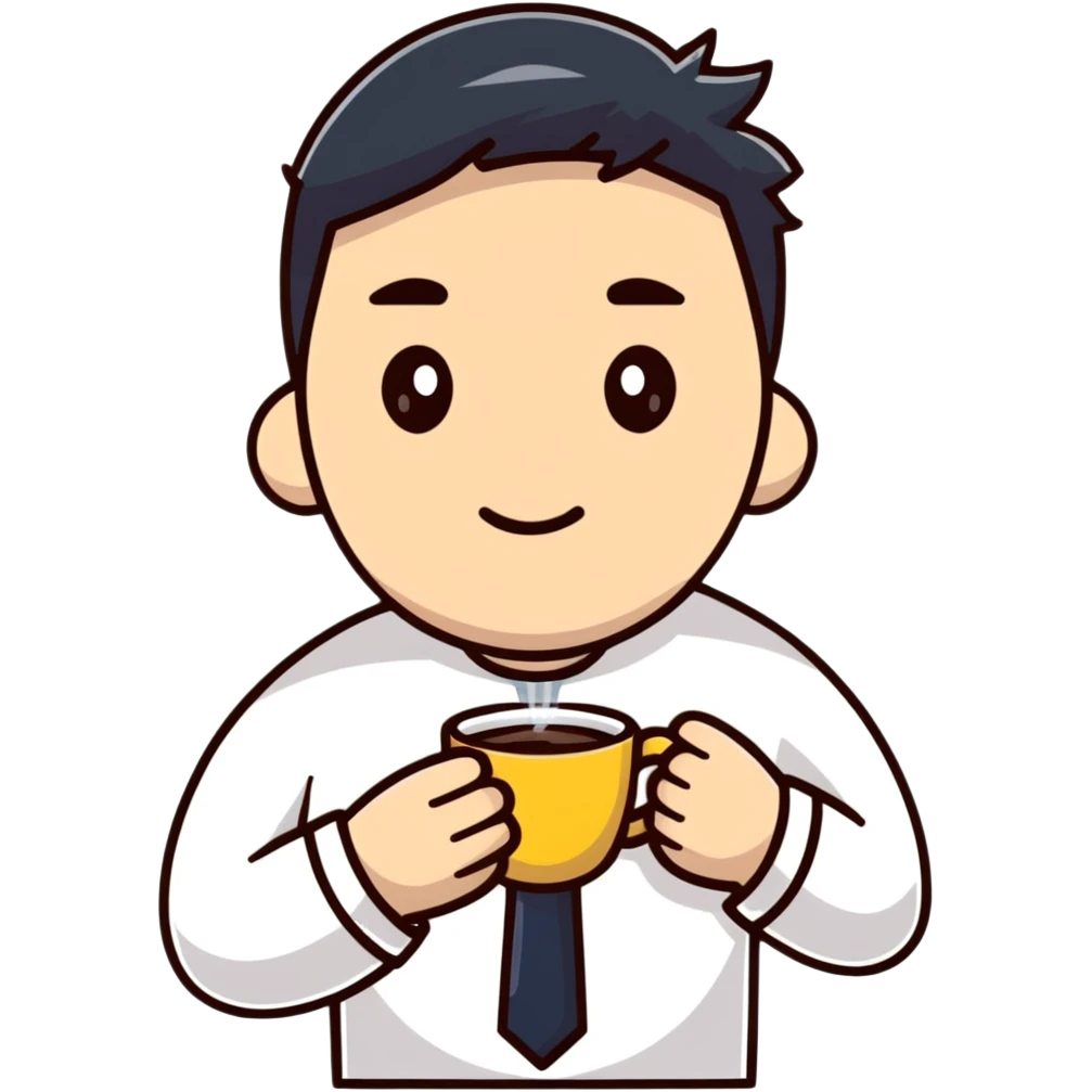 Tired Korean male office worker with coffee emoji