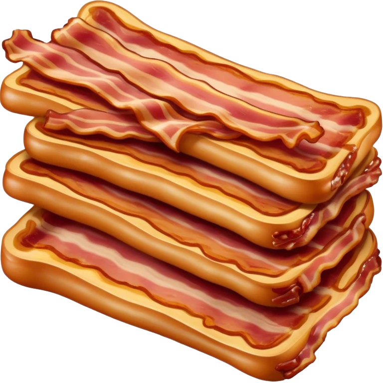 Cinematic crispy sizzling bacon, slightly curled, golden-brown with a perfect crunch, glistening with rich flavor, deep warm tones, served on a breakfast plate, comforting and indulgent. emoji