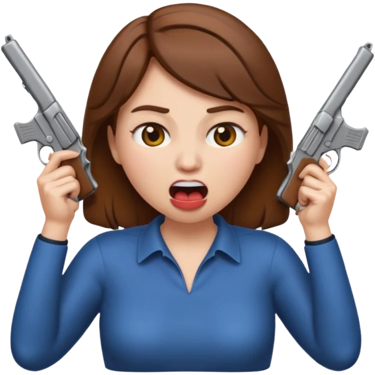 the woman emoji with brown hair and white skin choking herself  with both hands around her neck with her mouth open and two arms from behind her holding a gun in each hand point directly at her head emoji