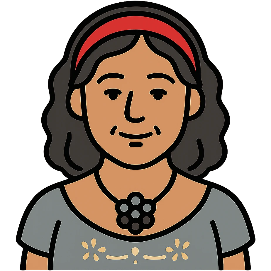 Latina woman around 50 years old, warm light brown skin, soft round face with slightly prominent cheeks, neutral-pleasant expression, wavy shoulder-length hair mixed black and gray, red and white headband, medium eyes with thin subtly painted eyebrows, discreet kind smile, gray peasant blouse with decorative embroidery and bare shoulders, dark large stone or flower necklace, warm maternal energy emoji