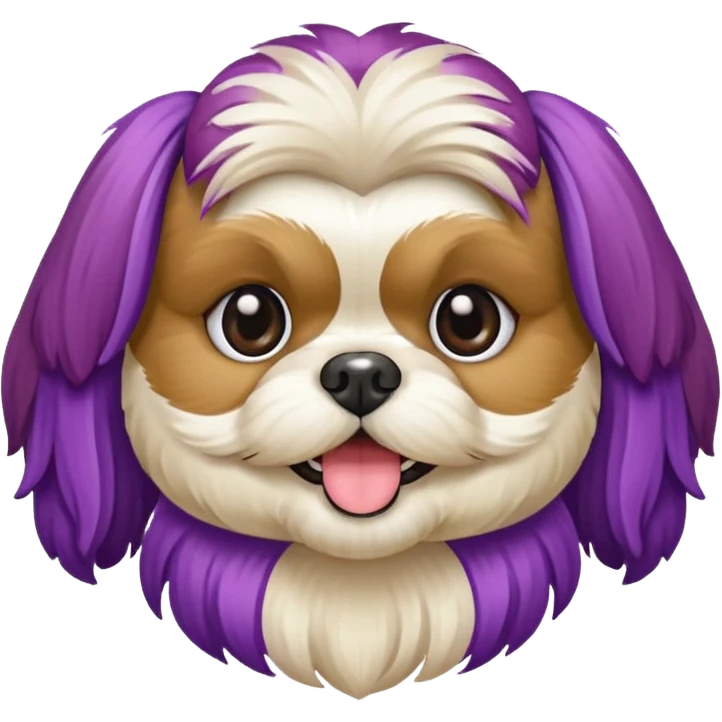 generame la imagen de un perrito raza chitzu de color cremita, totalmente cremita sin esos colores marron oscuro en su cara, hazla un poco sonriente y con su pechera morada emoji