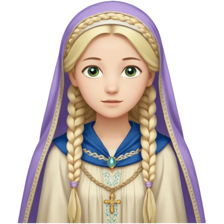 Joven de unos 30 años, de aspecto dulce y elegante.
Piel clara, ojos (pueden ser azules o verdes)
Rubio o castaño claro, largo, con trenzas o velo.
Vestido largo de tonos suaves (blanco, azul o lavanda), con bordados dorados; un manto o toca fina cubriendo la cabeza. Haz todo el cuerpo emoji