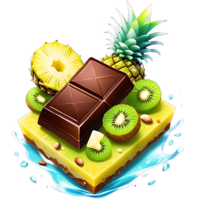 Ethereal evening snack with magical dark chocolate squares, enchanted mixed nuts, celestial kiwi slice and glowing pineapple chunks, all floating with sparkly aura emoji