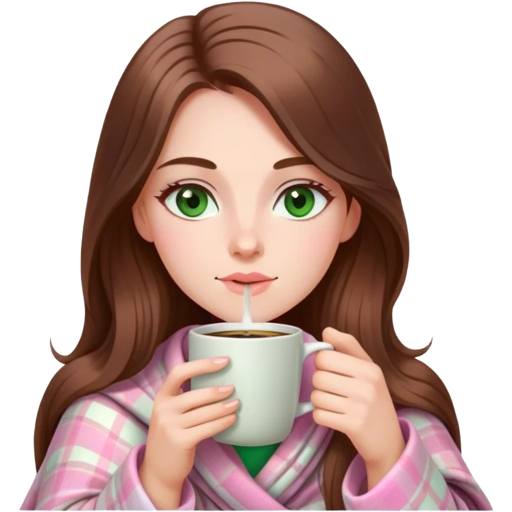 A pretty white woman with long brown hair and green eyes wrapped in pastel pink plaid blanket drinking coffee emoji
