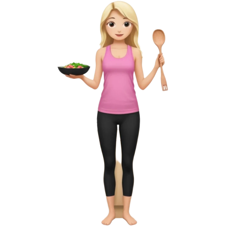 Render from knees up, view from the back, fair skinned woman, thin, long blond hair, cooking dinner in kitchen, pink loose tank top, showing natural B cup breast shape SFW, black yoga pants, perfect booty emoji