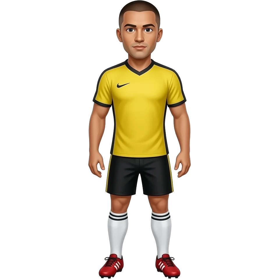 A GUY WITH YELLOW JERSEY NO LOGO  , BLACK SHORTS  , WHITE SOCKS AND RED CLEATS MAKE HIM HAVE A BUZZ CUT emoji