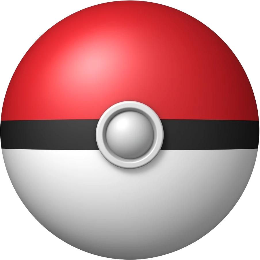 Parte de cima: vermelha, lisa e brilhante ⚪ Parte de baixo: branca ➖ No meio: uma faixa preta horizontal que divide a bola ao meio ⚪ No centro da faixa: um botão redondo branco (ou cinza claro), que parece um 🟡pequeno círculo⚫ Formato: 🔵 Bola perfeitamente redond emoji
