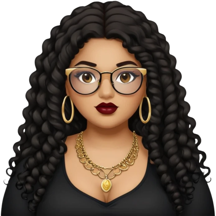 teen big plus size, latina, darker tan skin, gold jewelry, long black curly hair, baddie,pretty, makeup, dark red lipgloss, black eyeliner, long hair, black top, black glasses emoji