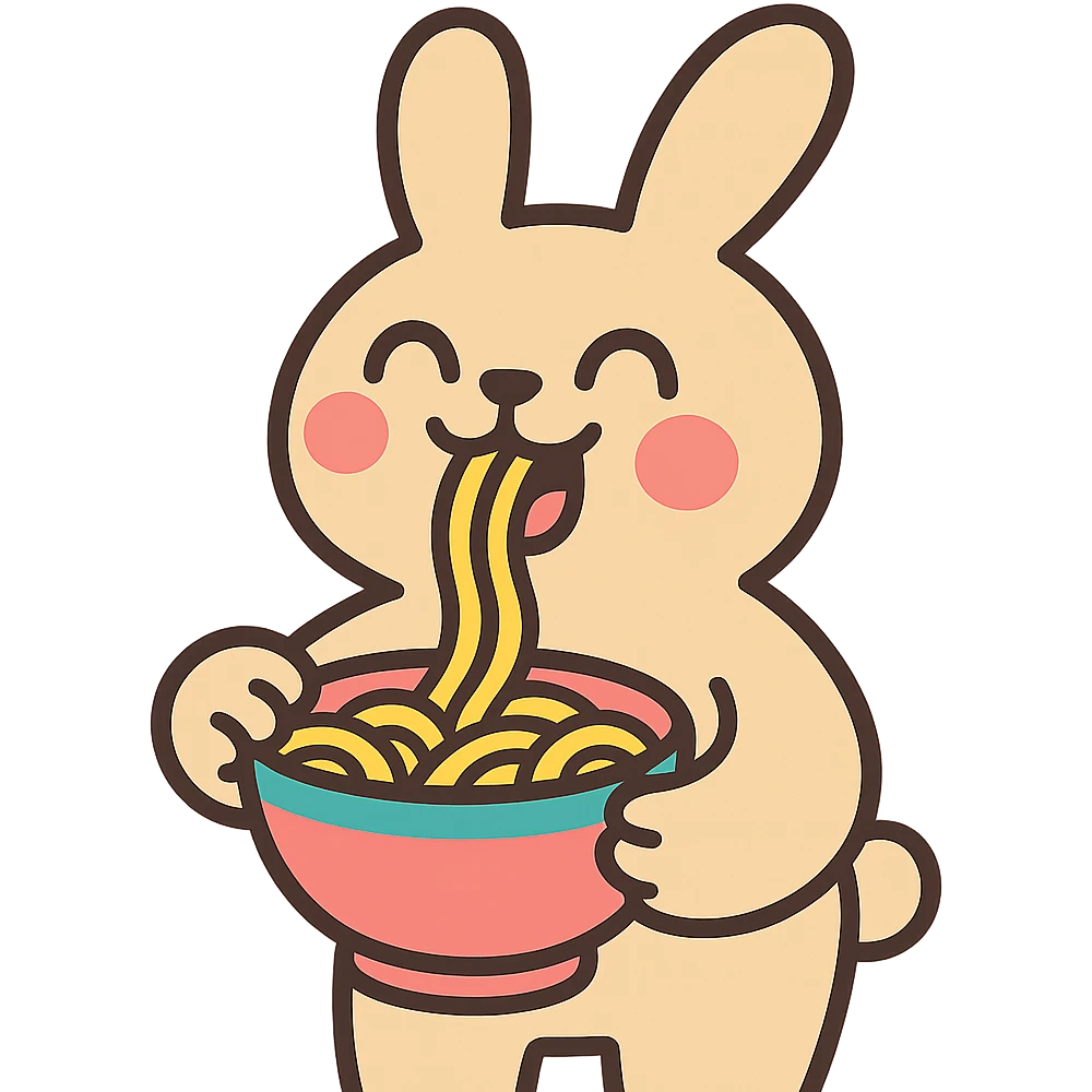 beige bunny happily slurping noodles in pastel-toon style emoji