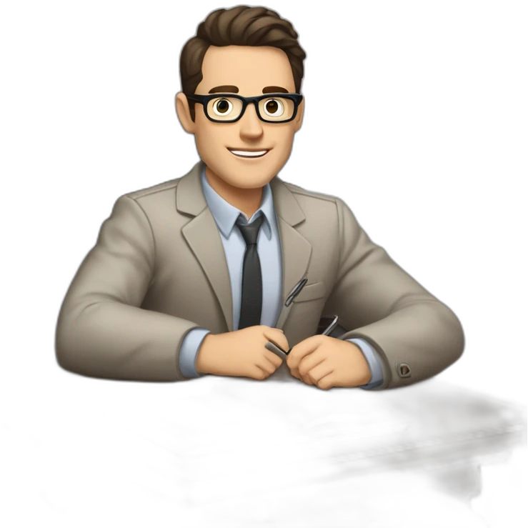 Pale skinned Fit Man With dark brown hair in gray jacket, beige office shirt and vintage glasses sitting In a soft chair with a notebook with emblem Ψ and a pen in his hands emoji