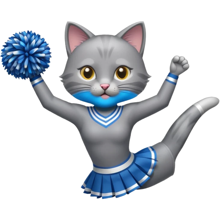 A sleek grey cat cheerleader twirling pom-poms with confident energy. emoji