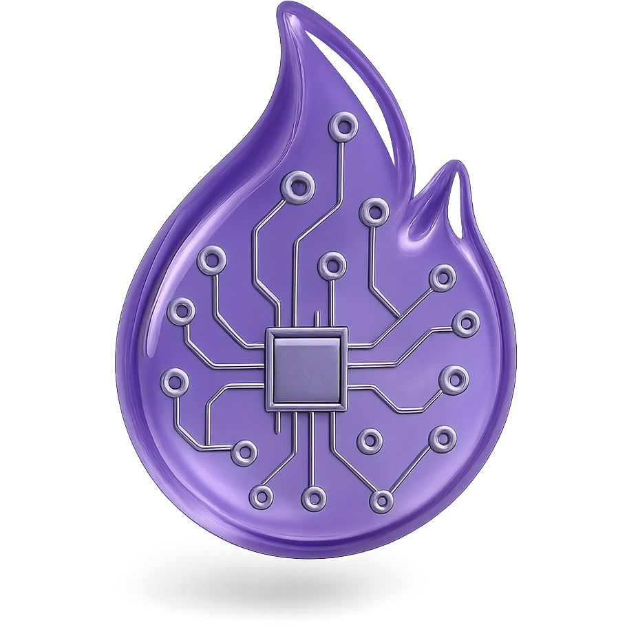 purple flame with metallic circuit patterns, glossy finish emoji