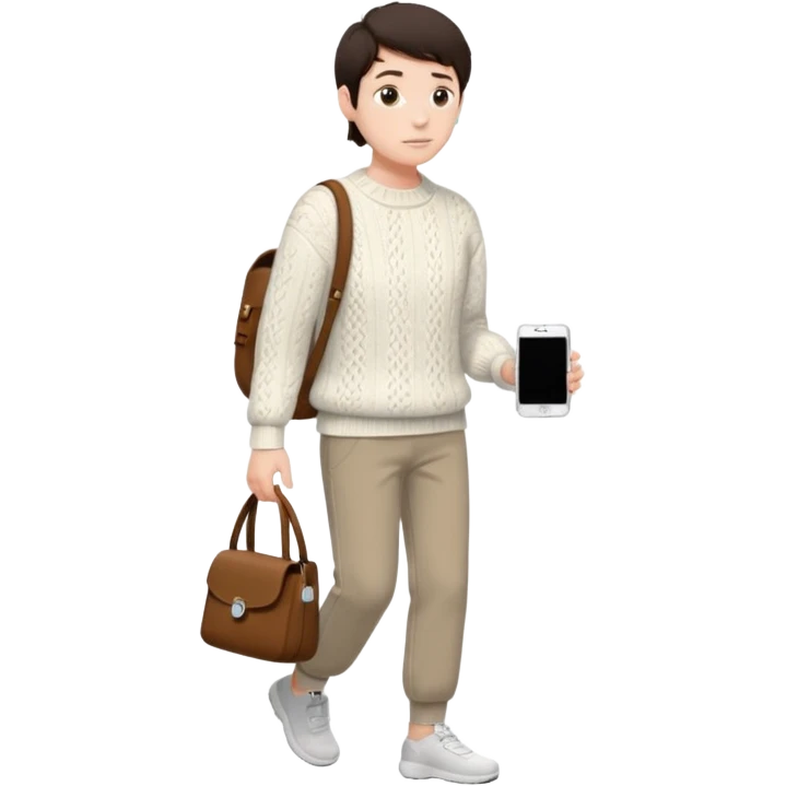 걷고 있는 사람
옷은 겨울에 어울리는 니트와 하의를 입었고 숄더백을 매었다.
머리카락 색깔은 어두운 갈색, 풀은 긴머리를 하고 있다 
귀에는 애플의 에어팟이 착용되어 있다 emoji