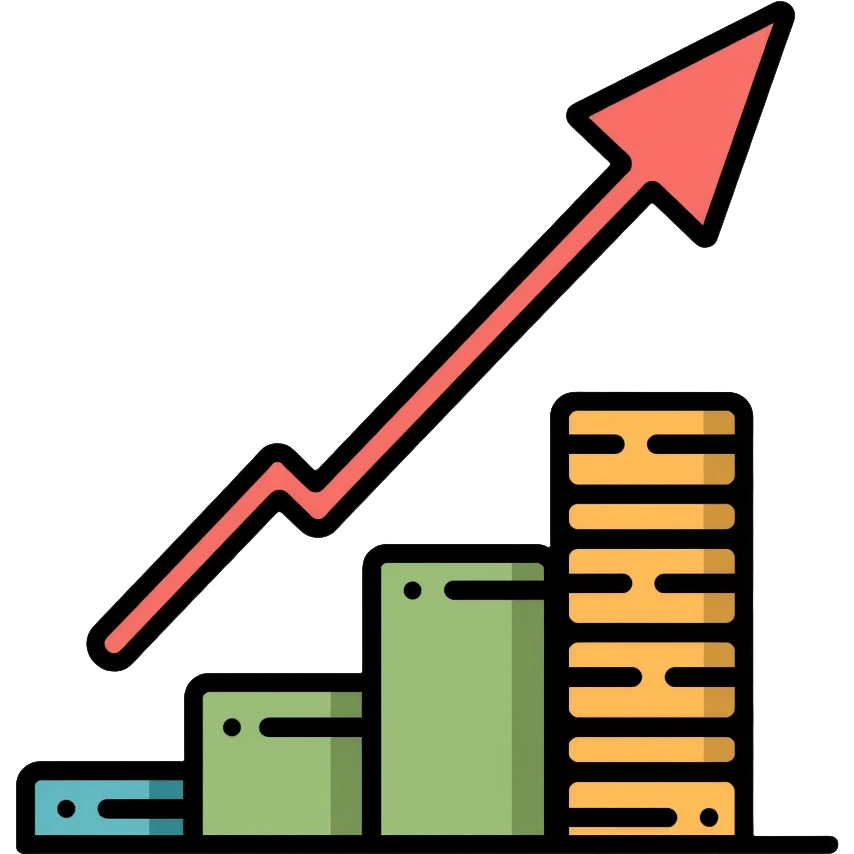 upward arrow next to increasing stacks of money bills and coins, financial growth emoji