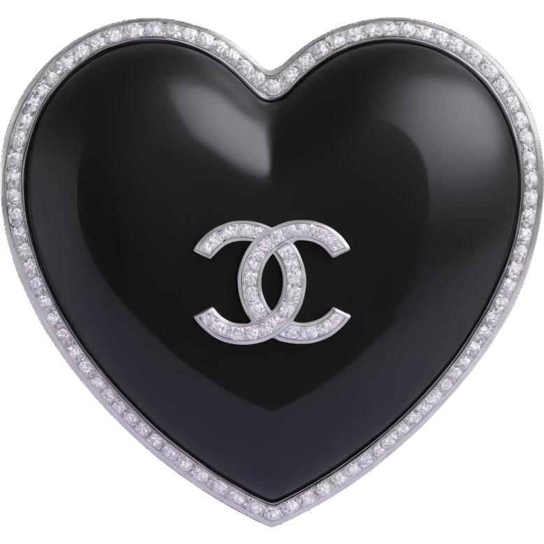 Remove the pearls, keep only the glossy black heart with a diamond accent and silver Chanel logo, elegant, black and white color scheme, keep the background transparent. emoji