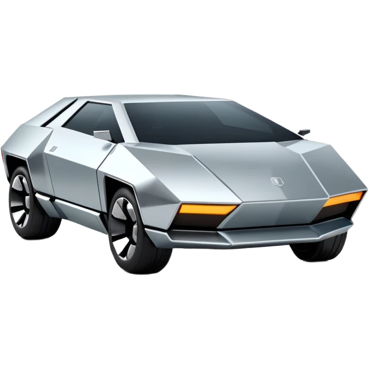 A futuristic chrome car emoji, sharp geometric body design inspired by cybertruck aesthetics, smooth silver metallic surface, matte and glossy chrome mix, minimal details, soft reflections, clean edges, iOS emoji style, centered, clean white background, soft studio lighting, no text emoji