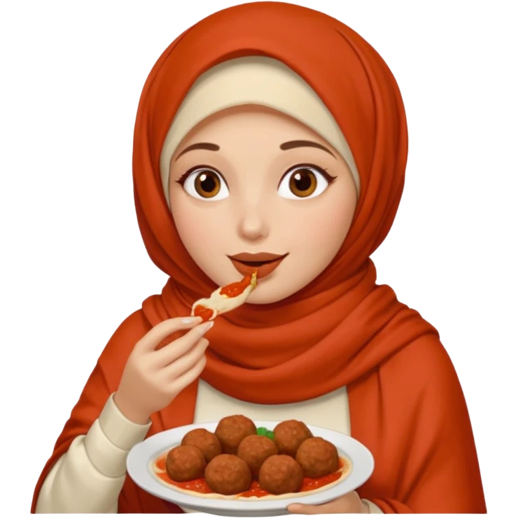 woman wearing a cream colored pashmina hijab eating meatballs emoji