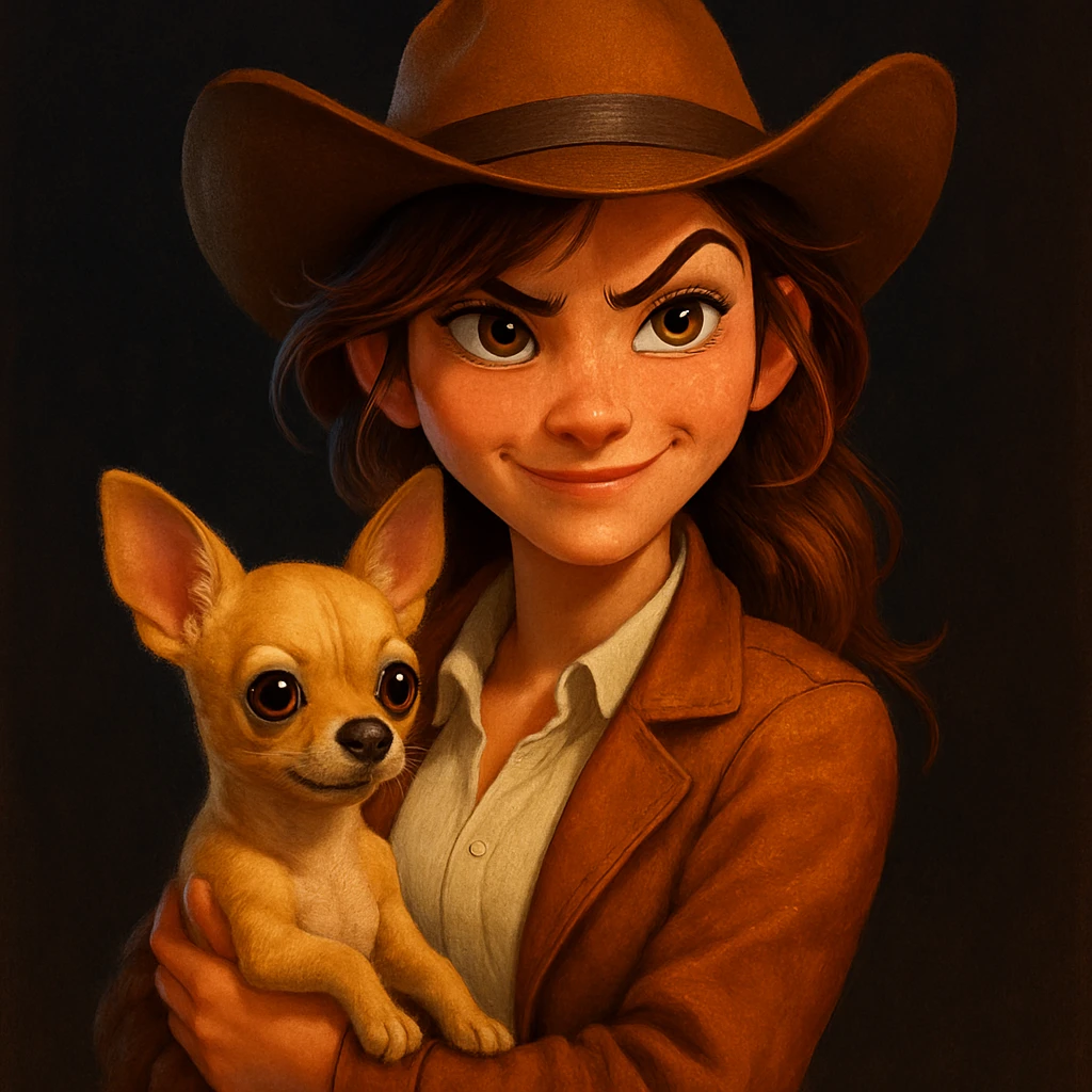 Portrait of a rebellious and mischievous expression woman cowboy, cream shirt, cognac color jacket, freckles, tanned skin, hazel eyes, hair with auburn highlights, holding an adorable beige-brown chihuahua in her arms, dark background, Pixar art style, bright illustration, big expressive eyes, vivid colors emoji