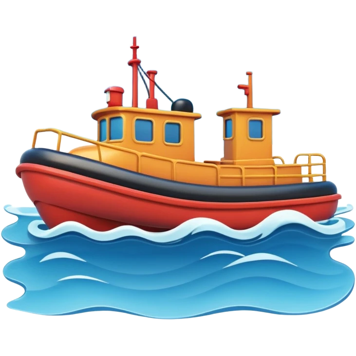 A 3D cartoon tugboat towing another boat on calm blue water, soft waves, clear sky, Memoji-style. emoji