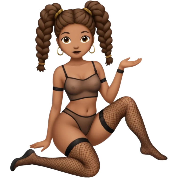 Her hair is in pigtails and she is nude. Her hips are wide and she has a brown bush.  She is wearing thigh-high fishnet stockings emoji