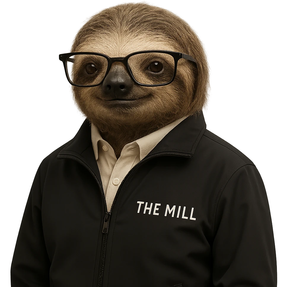 a sloth with glasses, wearing a black 'The Mill' branded jacket, exuding technical expertise and business acumen emoji