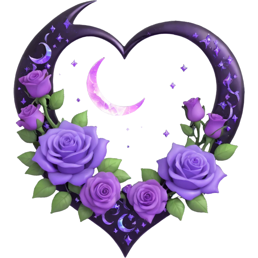 gothic heart made of black glass with silver crescent moon, violet roses, iridescent stardust, white lightning, glossy rain effect, fractured glass texture emoji