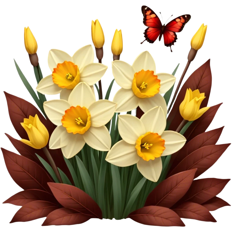 Golden daffodils bloom among deep brown-red leaves, while delicate brown butterflies flutter nearby. Warm sunlight casts a vintage glow over the scene. emoji