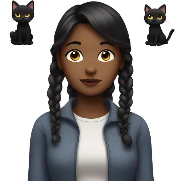 Black with dark hair girl looks at cat emoji