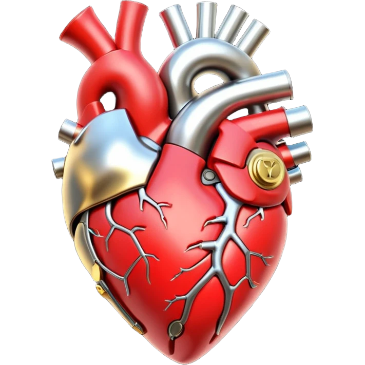 3D render of Mechanical Heart, futuristic cyborg aesthetic, fusion of organic skin and chrome metal, gold brass valves mixed with red muscle tissue, exposed wiring, emoji style, isolated on white background --v 6.0. emoji