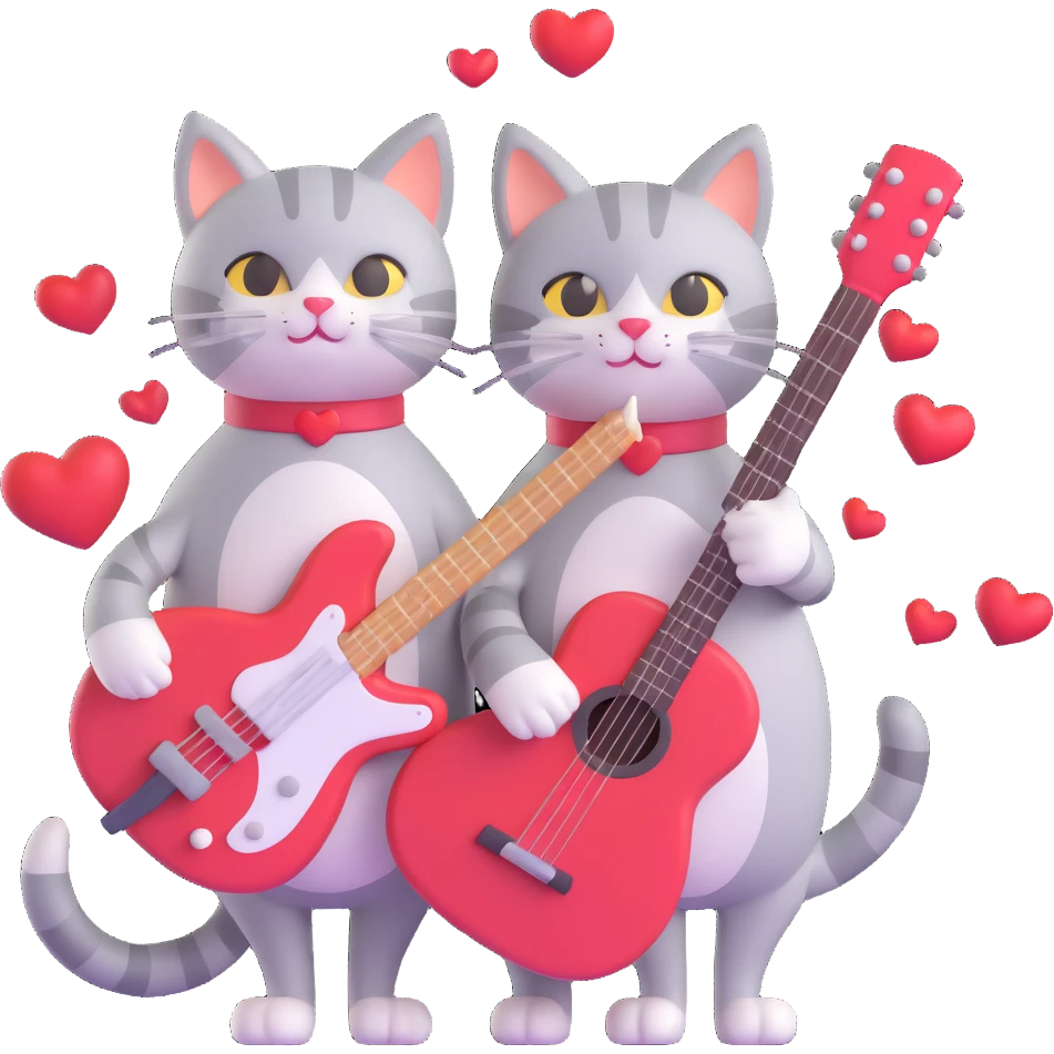 two happy cats in love, one holding a guitar, the other holding a giant paintbrush, standing close together, hearts above them emoji