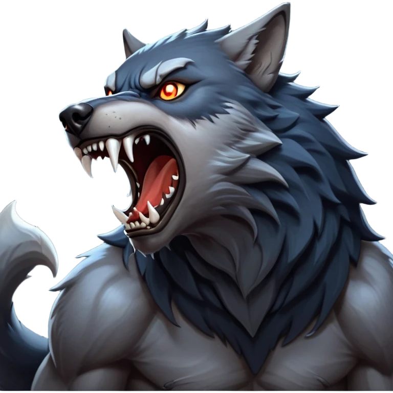 cinematic-noble-fierce-werewolf-howling-portrait-emoji, poised-and-imposing, with a fierce wolfish face tilted upwards in a haunting howl, glowing eyes full of primal ferocity, sharp, elongated fangs bared, and a rugged snout, fur rippling in shades of midnight black and silver, muscles tensed as the powerful howl echoes beneath the moonlit sky; rendered with realism, capturing the raw, untamed power of the beast in its wild, primal state emoji