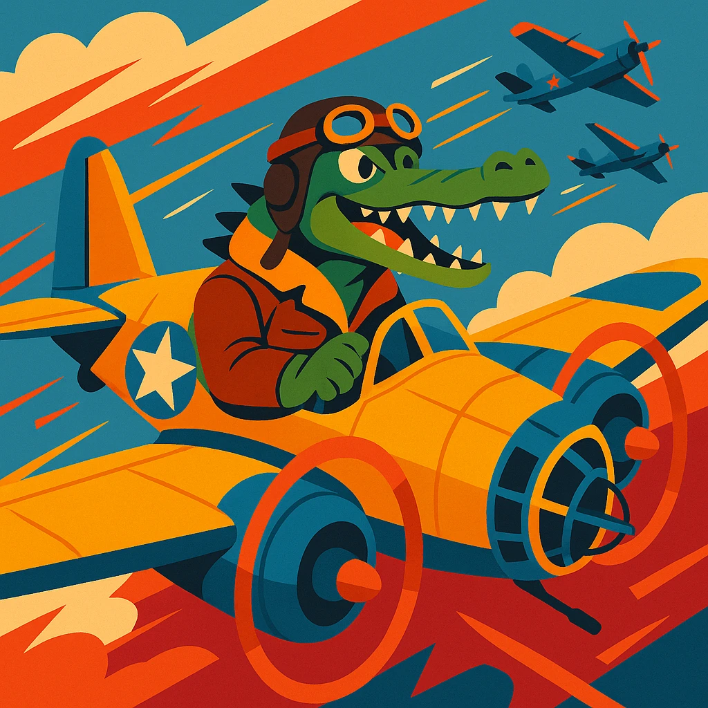 a crocodile piloting a WWII bomber plane, vibrant colors, action scene emoji