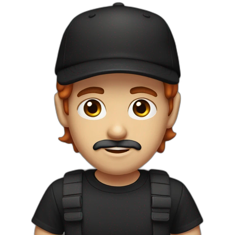 red head boy with mustache, wearing a backwards cap, bron eyes arab eyebrows and black tshirt emoji